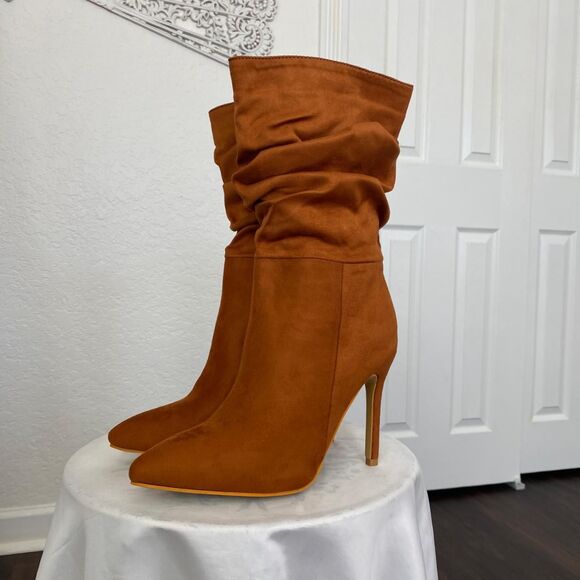 90s Style Slouchy Brown Faux Suede Stiletto High Heel Pointy Boots US 8.5  EU 39 - Picture 3 of 8